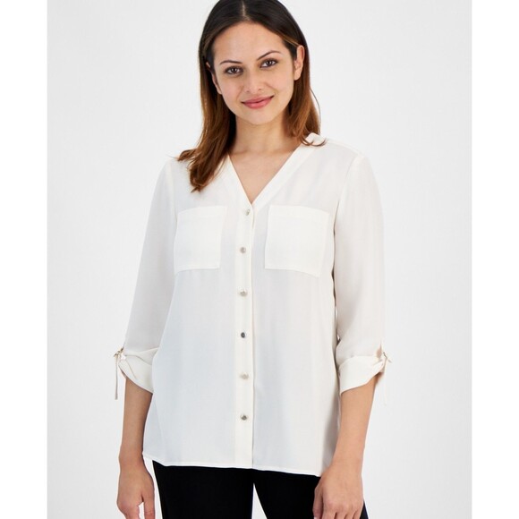 Jones New York Petite Roll-Tab-Sleeve Button-Front Tunic Shirt, White, PS - Picture 1 of 3